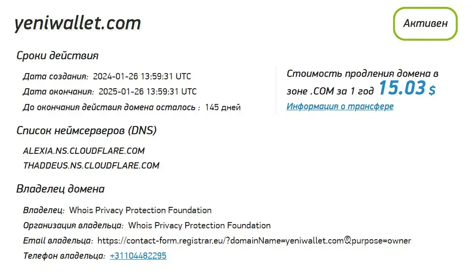 Проверка домена yeniwallet.com