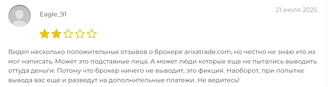 Arixa Trade AG отызв клиента отзыв о Arixa Trade AG