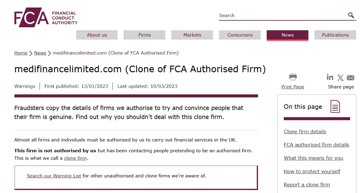 Проверка Medifinance limited в реестрах FCA