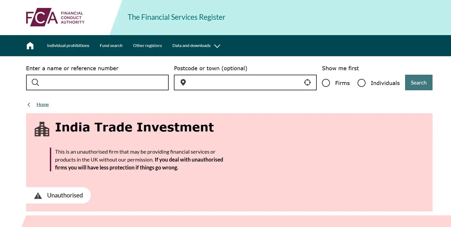 Проверка India Trade Investment в реестрах FCA