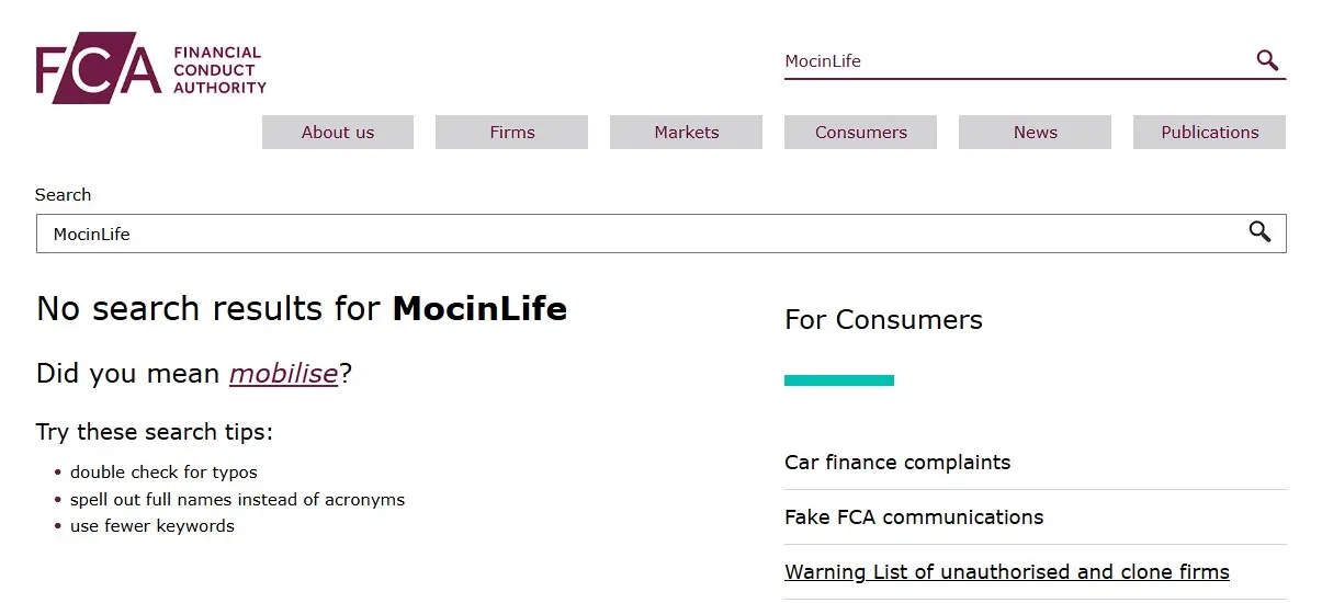 Проверка MocinLife в реестрах FCA
