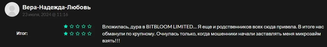 Отзыв участника о Bitbloom Limited