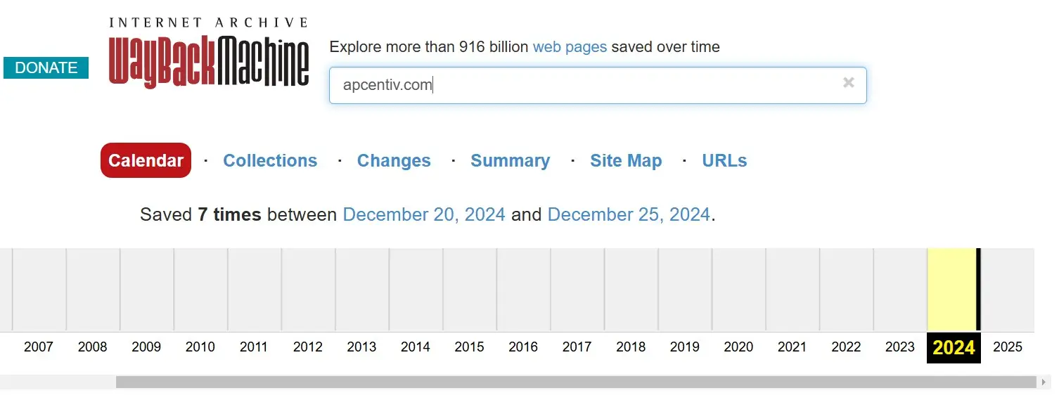 Анализ домена apcentiv.com в архиве Wayback Machine