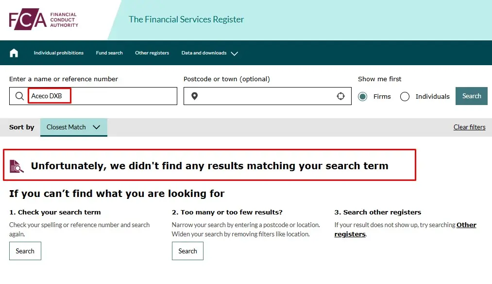 Проверка Aceco DXB в реестрах FCA