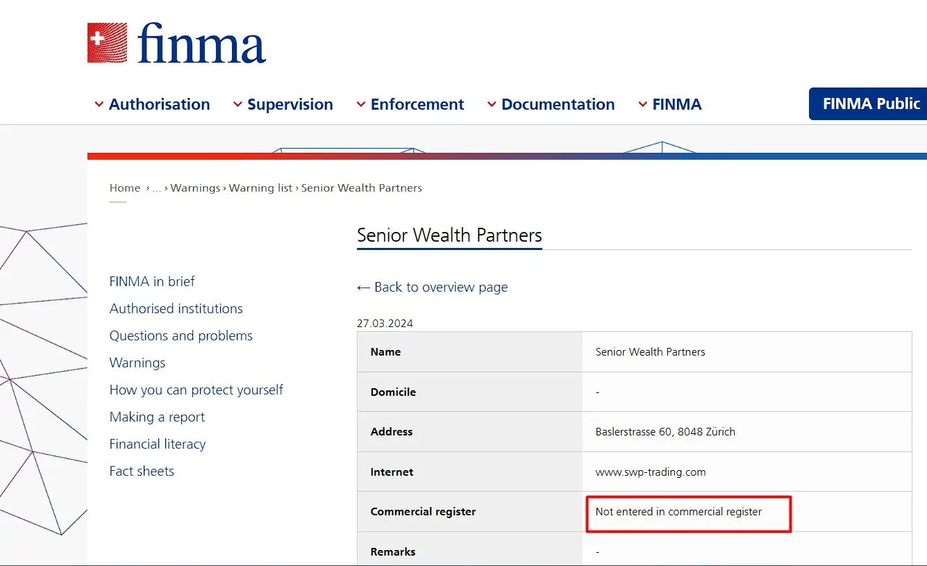 Проверка Senior Wealth Partners в реестрах FINMA