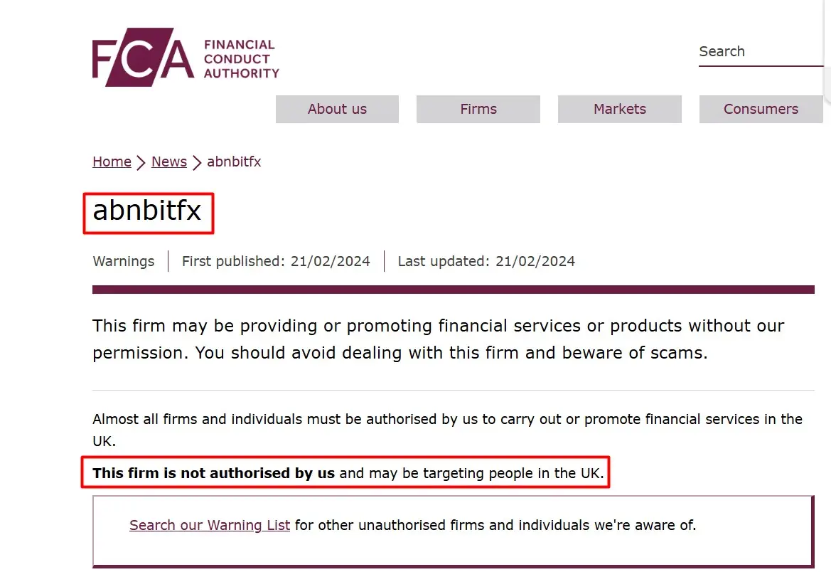 Проверка ABNBITFX в реестрах FCA
