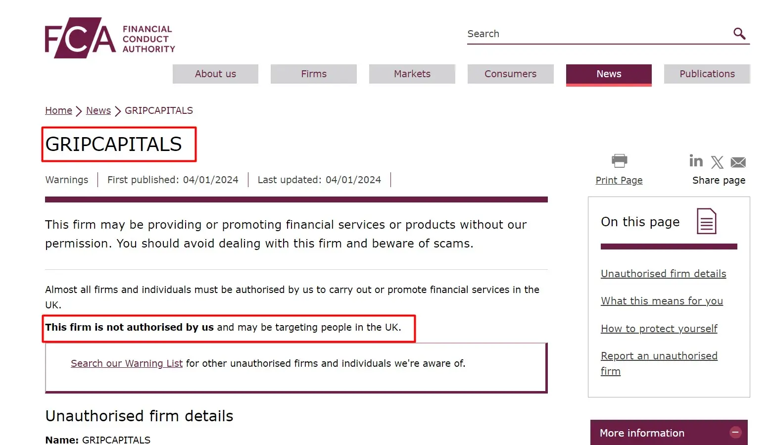 Проверка Gripcapitals в реестрах FCA Проверка Gripcapitals в реестрах FCA