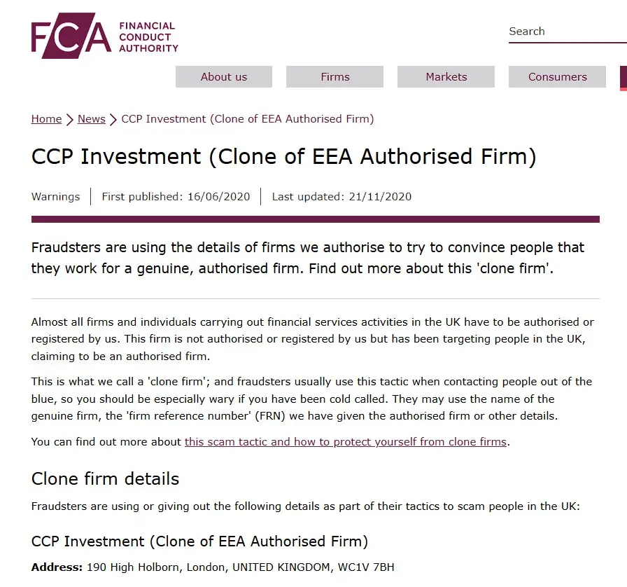 Проверка CCP Investment в реестрах FCA Проверка CCP Investment в реестрах FCA