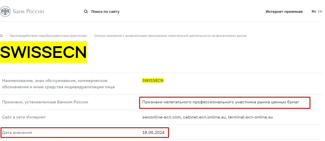 Проверка Swissecn в реестрах Центробанка