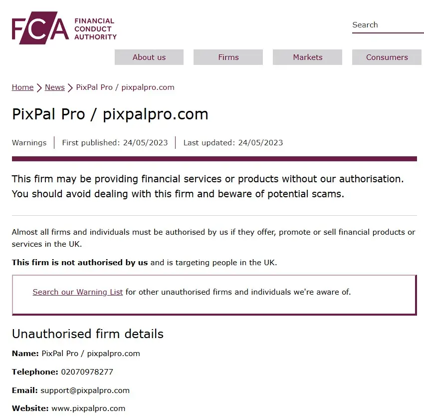 Проверка Pixpal в реестрах FCA