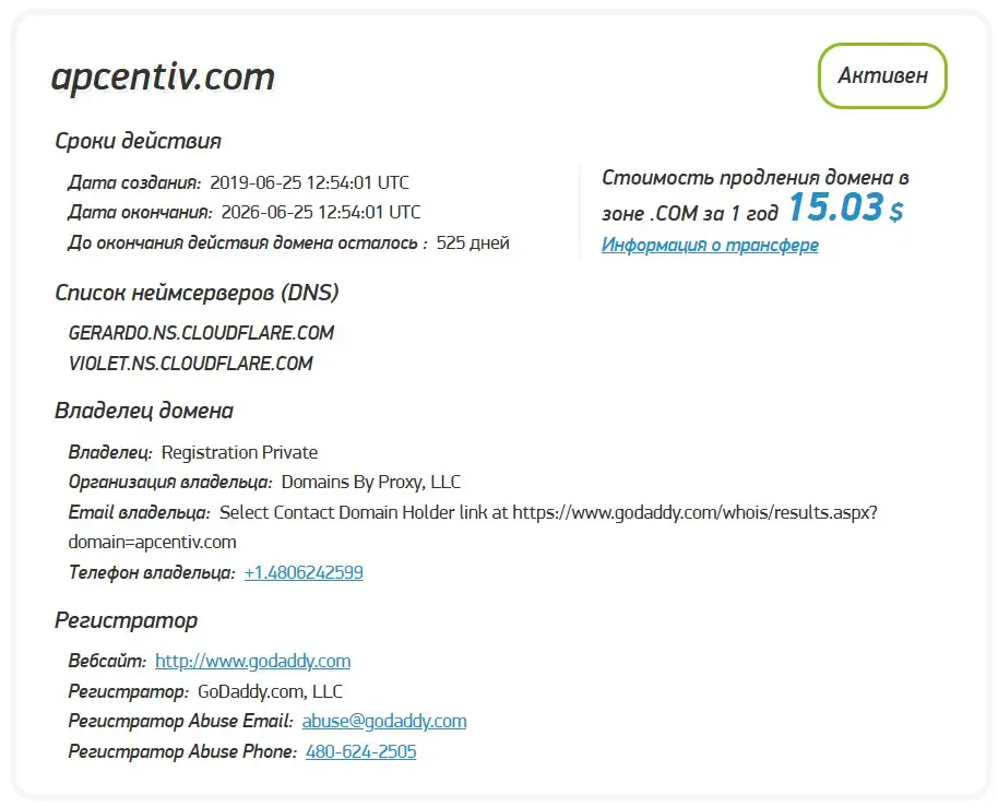 Анализ домена apcentiv.com