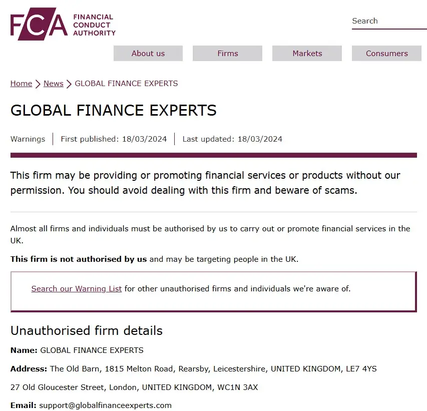 Проверка Global Finance Experts  в реестрах FCA