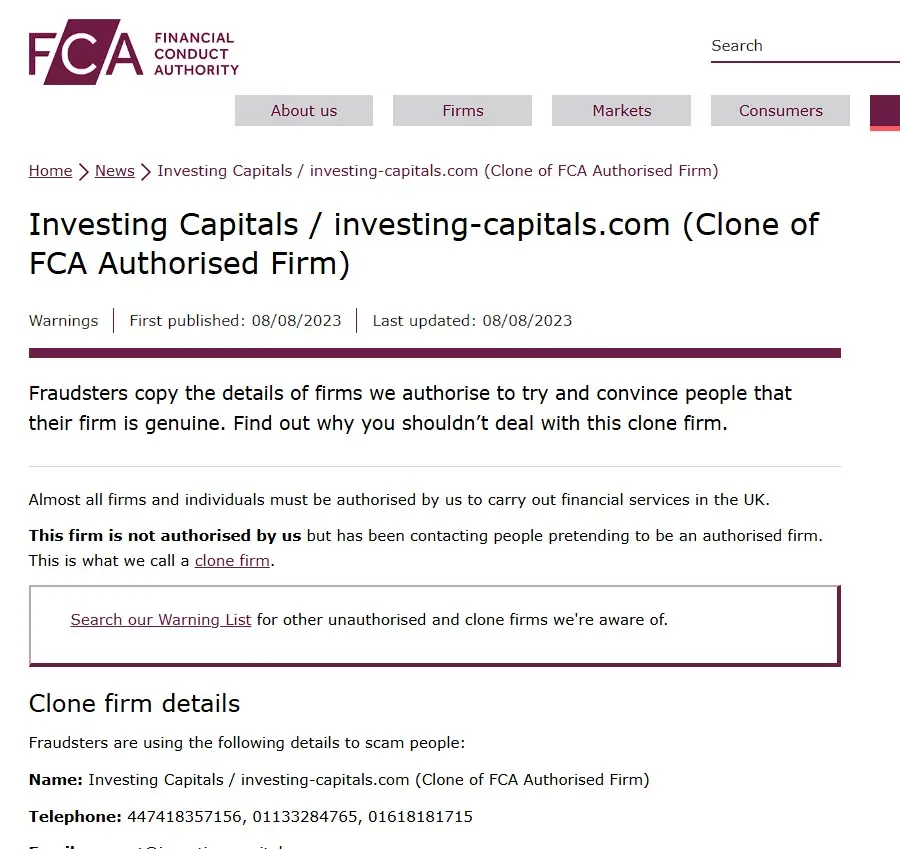 Проверка  Investing Capitals в реестрах FCA 