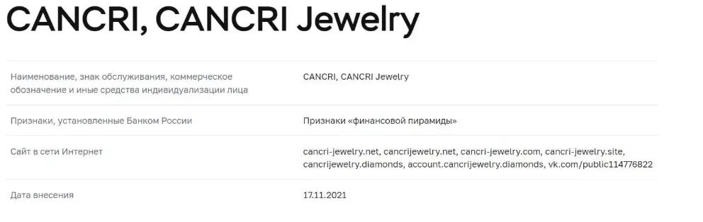 инфо о реестре Cancri Jewelry