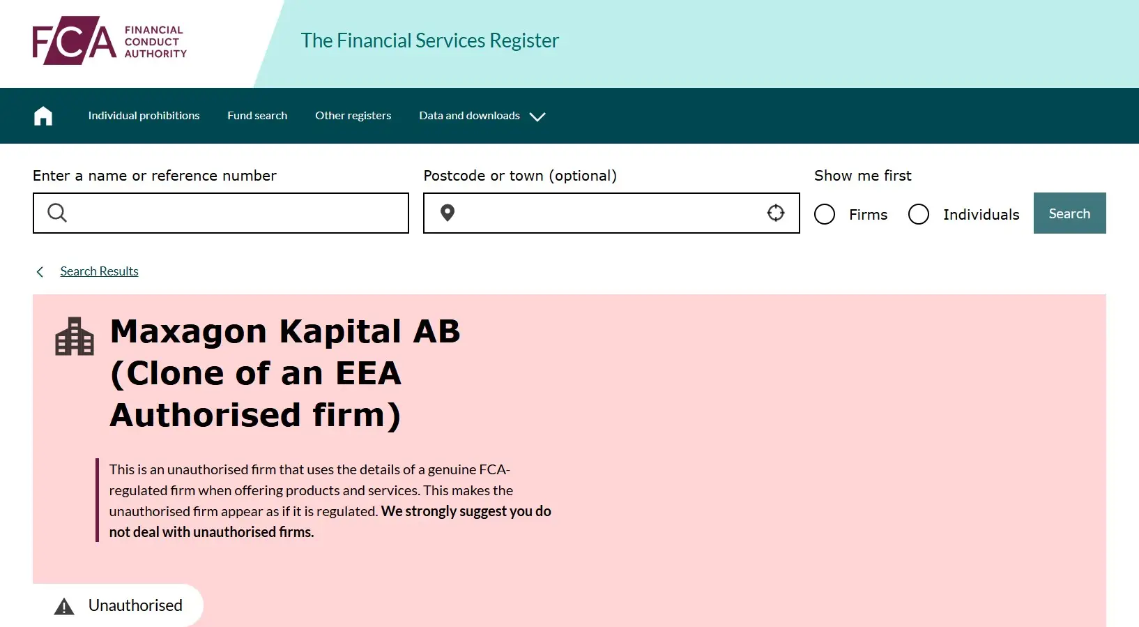 Проверка Maxagon Kapital AB в реестрах FCA