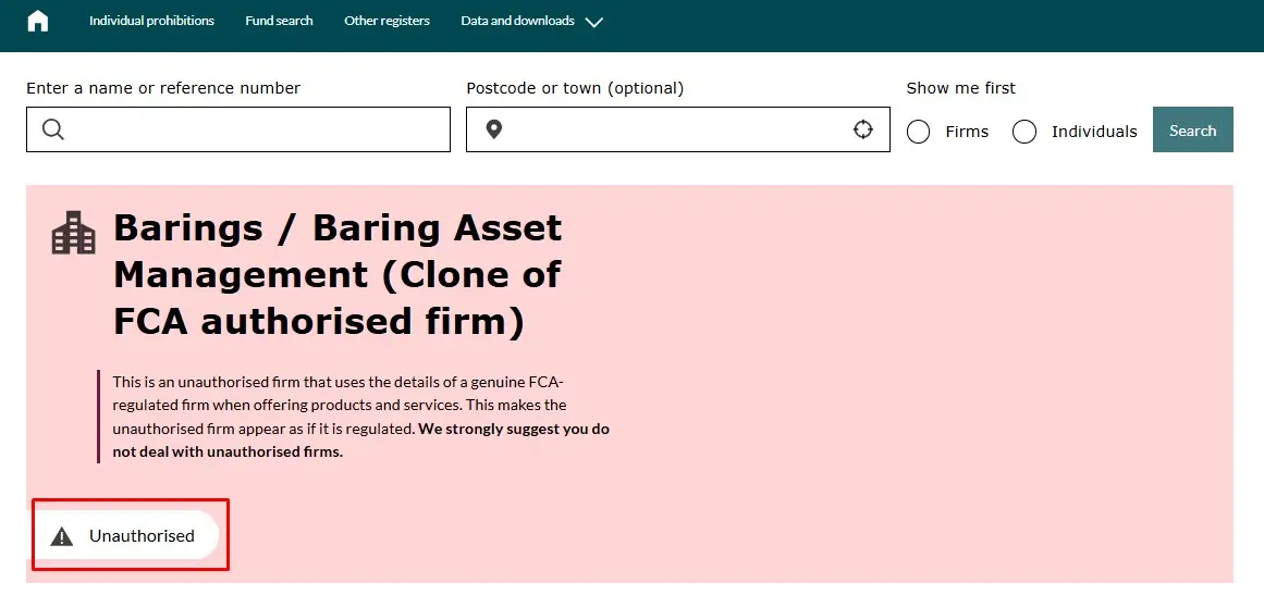 Проверка Barings в реестрах FCA