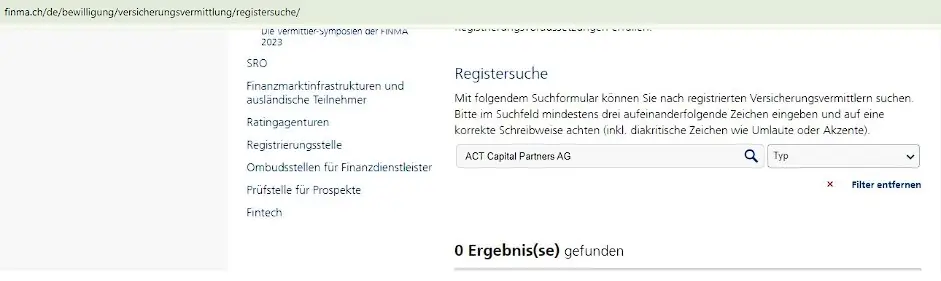 Проверка ACT Capital Partners в реестрах FINMA Проверка ACT Capital Partners в реестрах FINMA