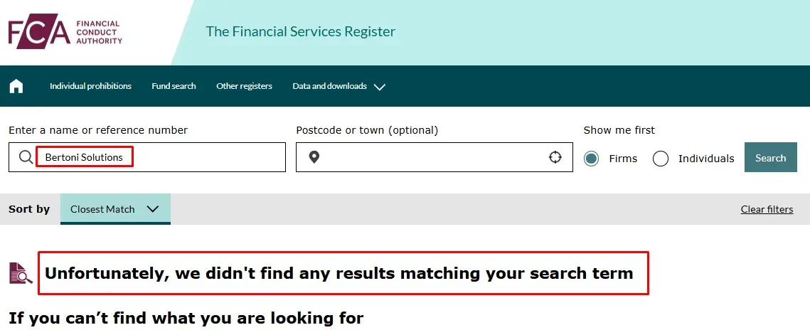 Проверка Bertoni Solutions в реестрах FCA