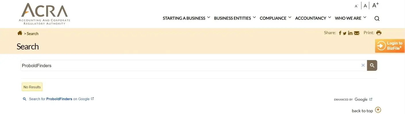 Проверка  ProboldFinders в реестрах ACRA