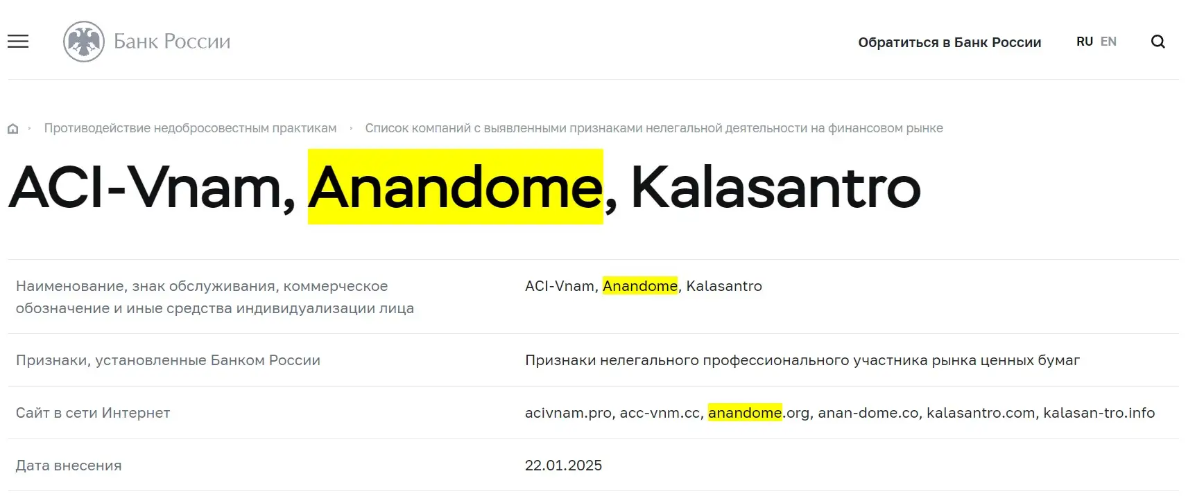 Проверка Anandome в реестрах Центробанка Проверка Anandome в реестрах Центробанка