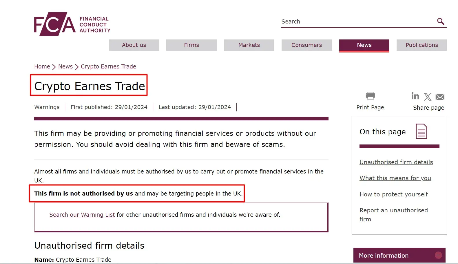 Проверка Crypto Earnes Trade в реестрах FCA