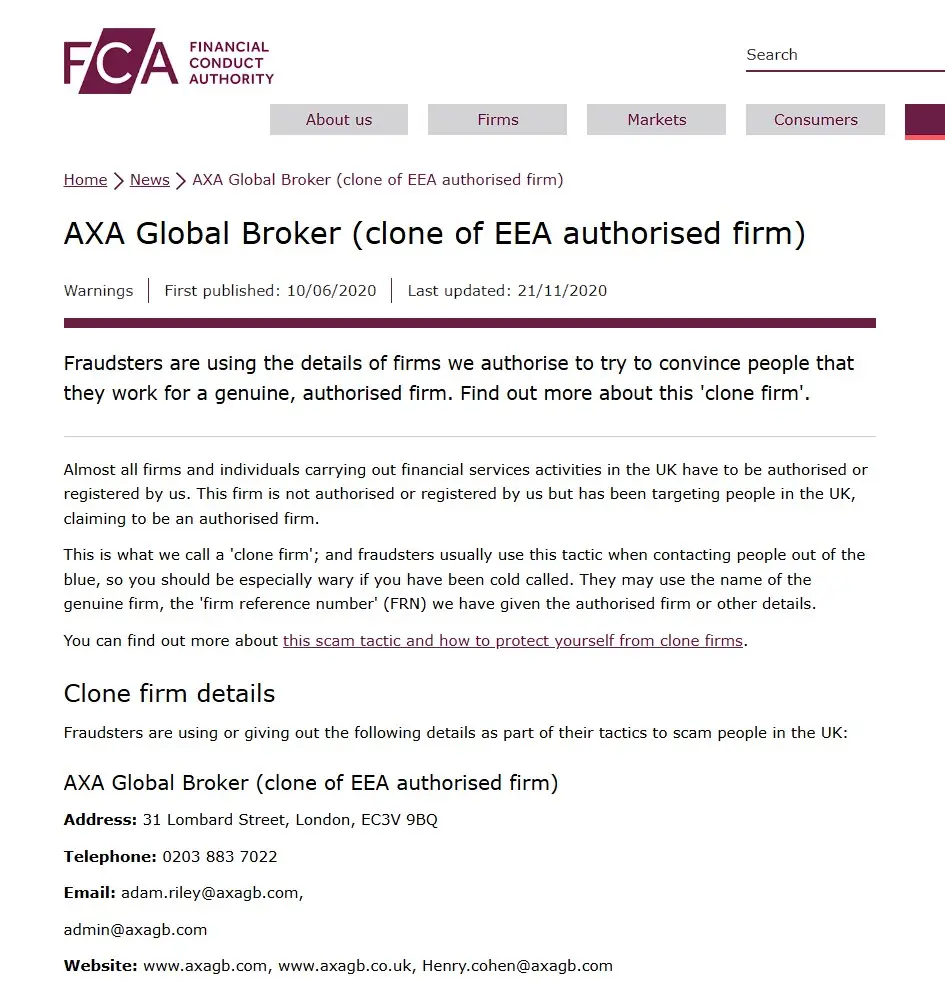 Проверка AXA Global Broker в реестрах FCA Проверка AXA Global Broker в реестрах FCA