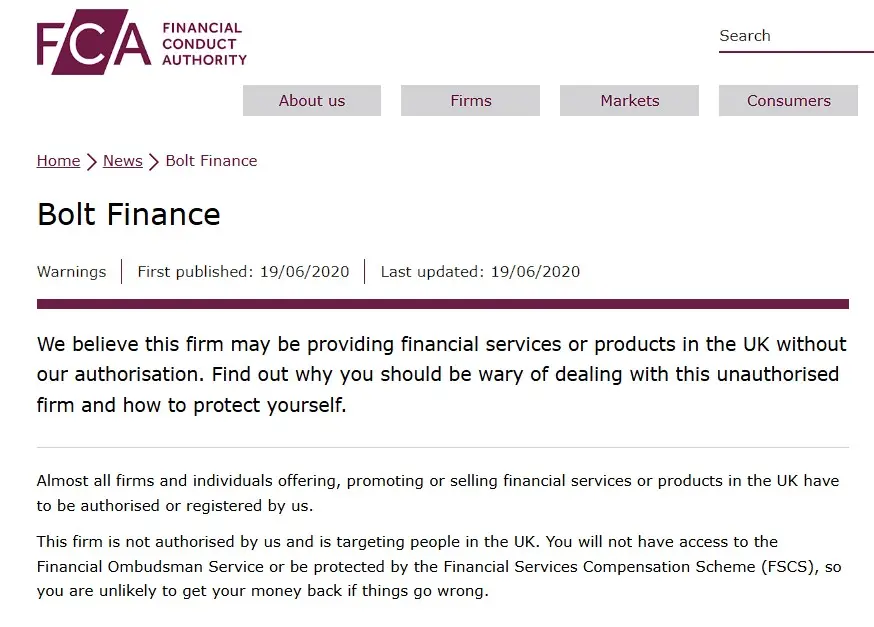 Проверка BoltFinance в реестрах FCA Проверка BoltFinance в реестрах FCA