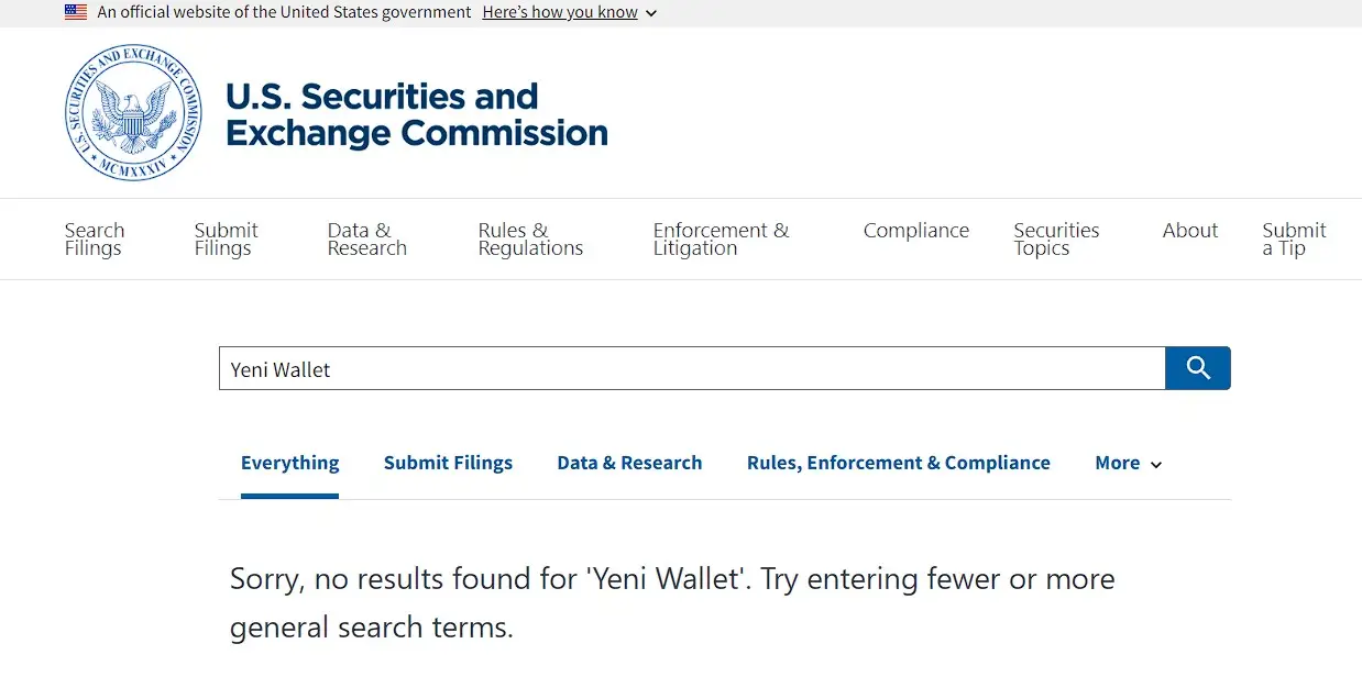 Проверка Yenywallet в реестрах SEC