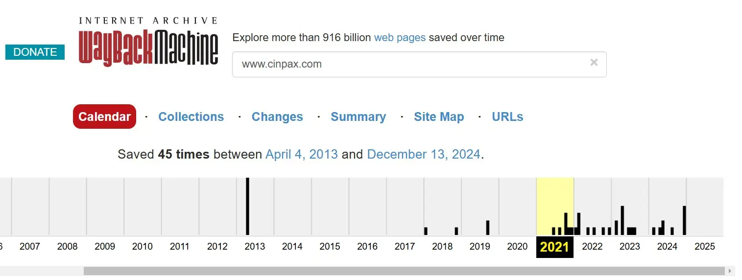Анализ домена cinpax.com в архиве Wayback Machine