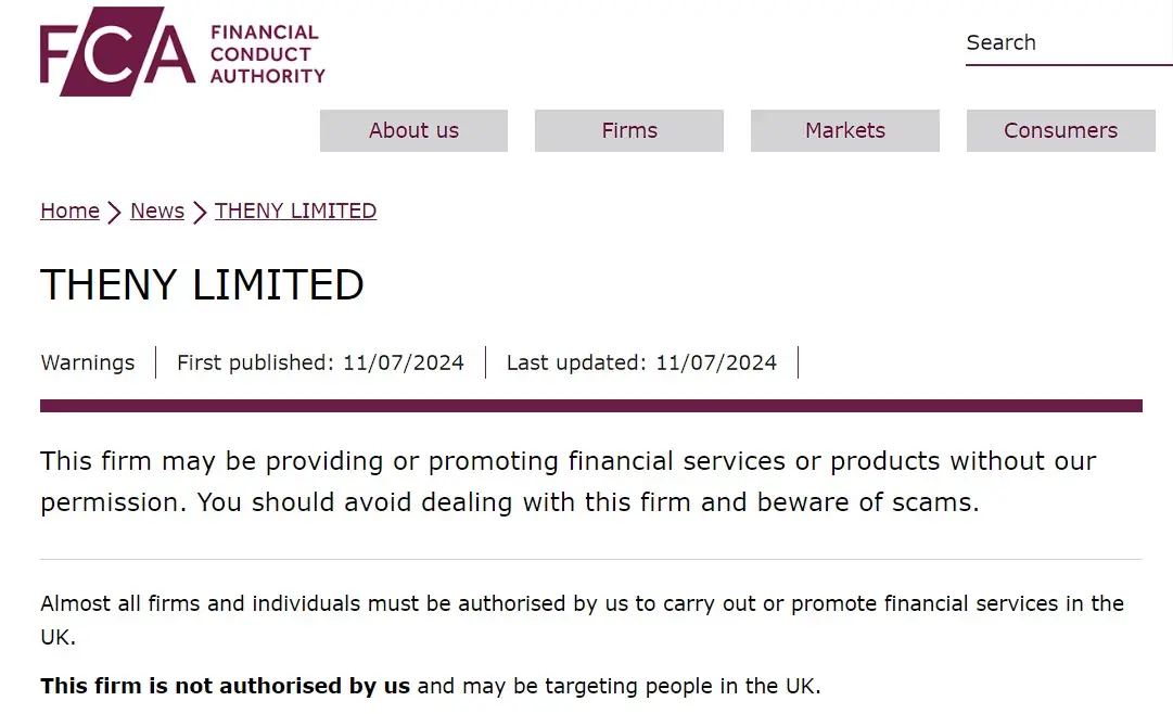Проверка лицензии Tneny Limited в реестрах FCA