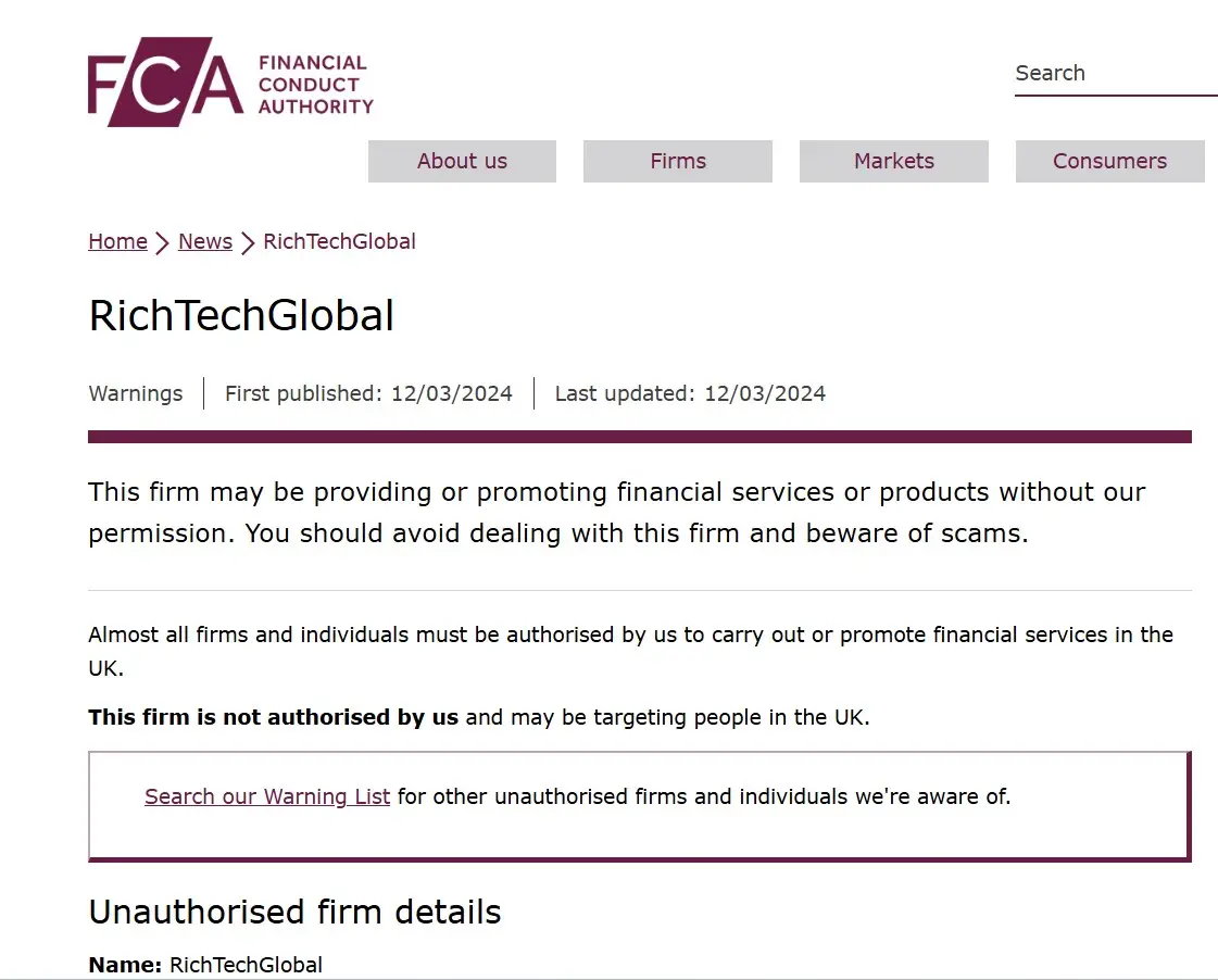 Проверка Rich Tech Global в реестрах FCA Проверка Rich Tech Global в реестрах FCA