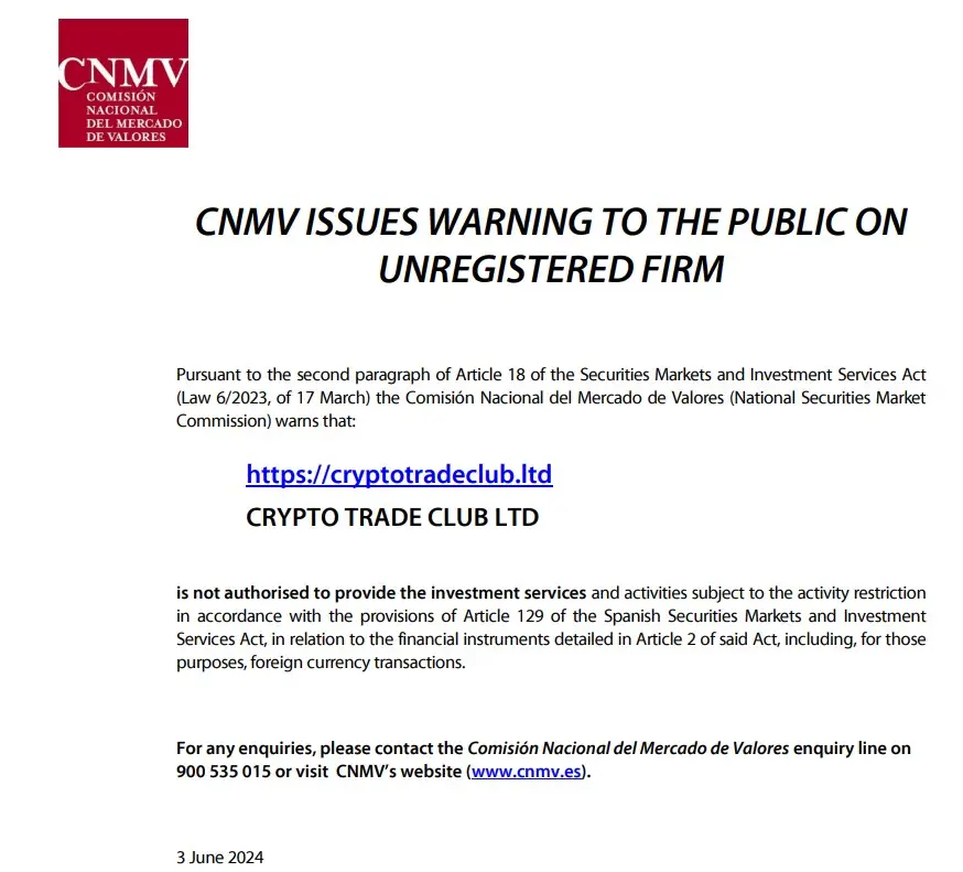 Проверка Crypto Trade Club LTD в реестрах CNMV