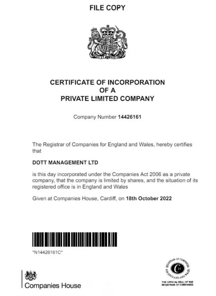 Фальшивая скан-копия о регистрации DOTT USDT