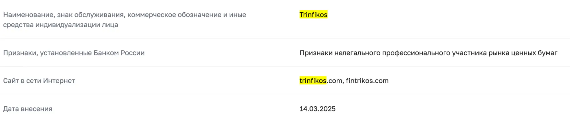 черный список Trinfikos
