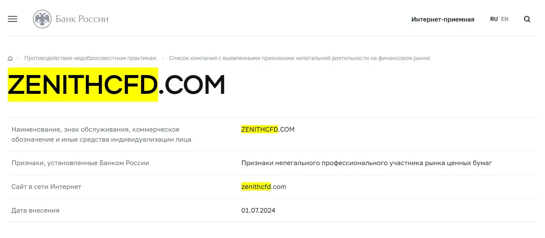 Zenith CFD отзыв клиента Zenith CFD отзыв клиента