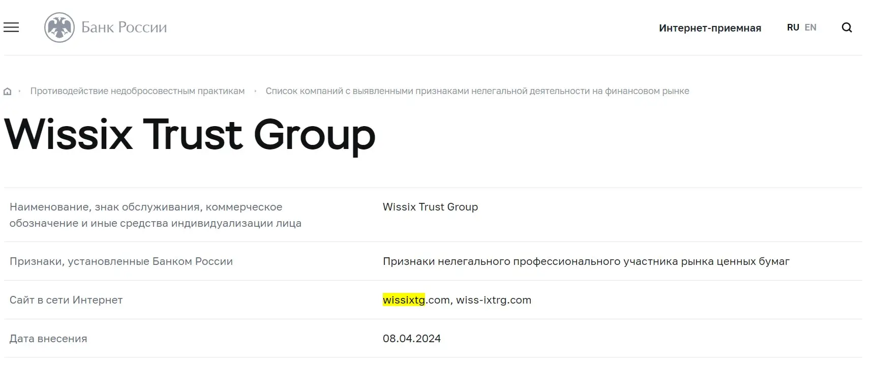 Проверка Wissix Trust Group в реестрах Центробанка