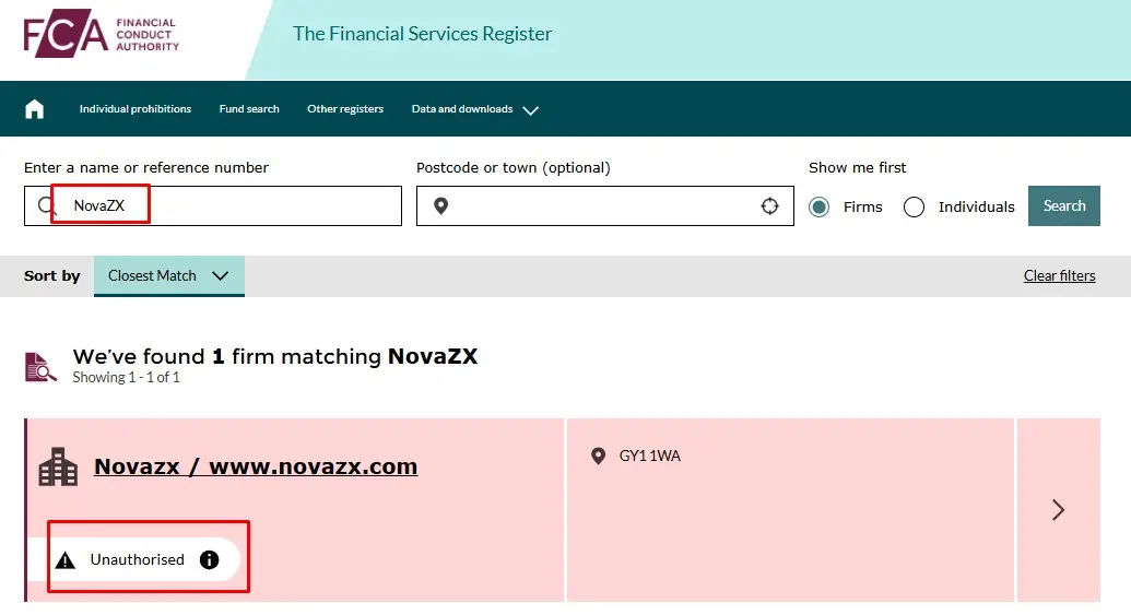 Проверка NovaZX в реестрах FCA