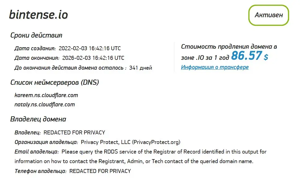 Проверка доменного имени bintense.io Проверка доменного имени bintense.io