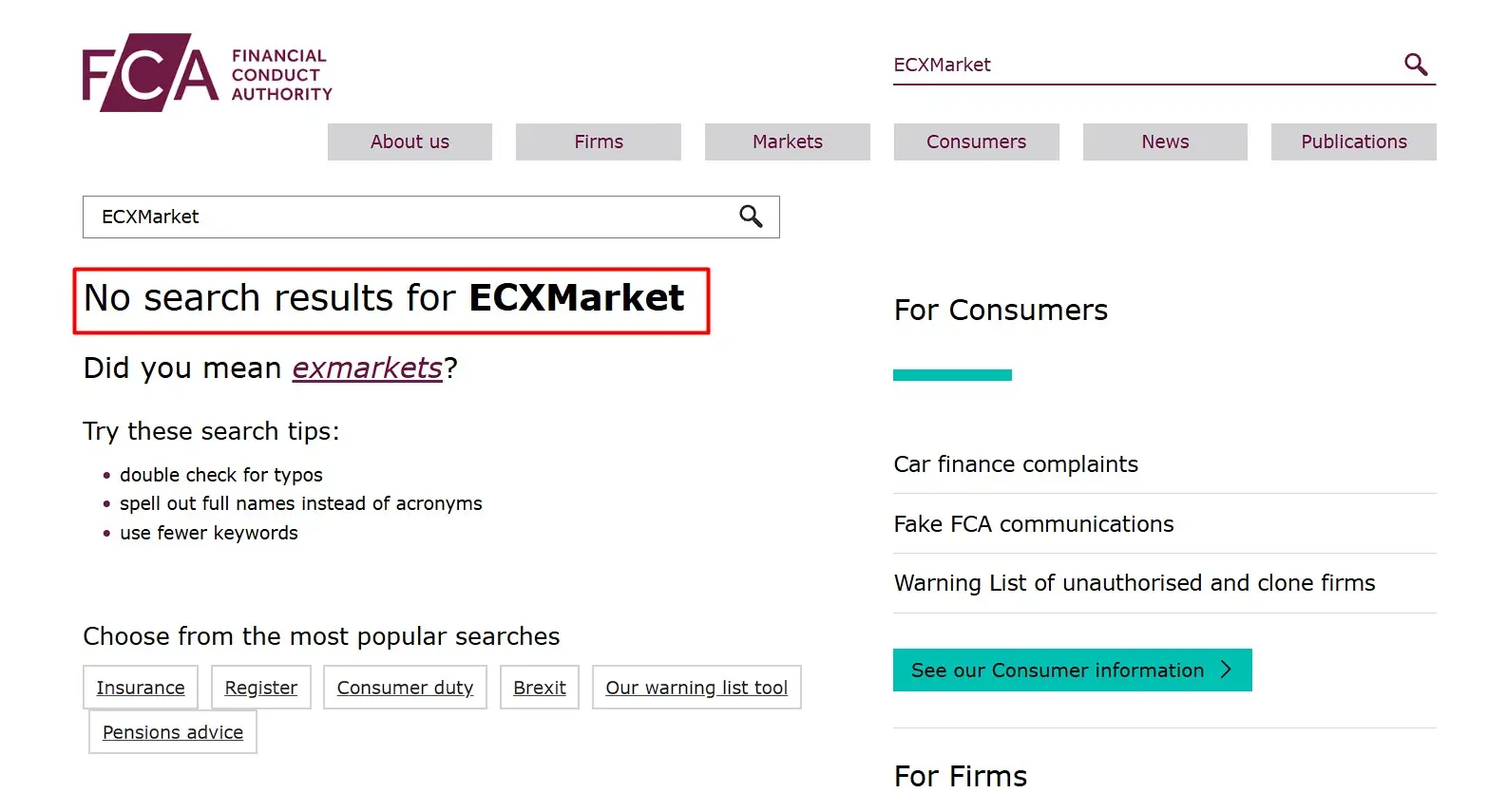 Проверка ECXMarket в реестрах FCA