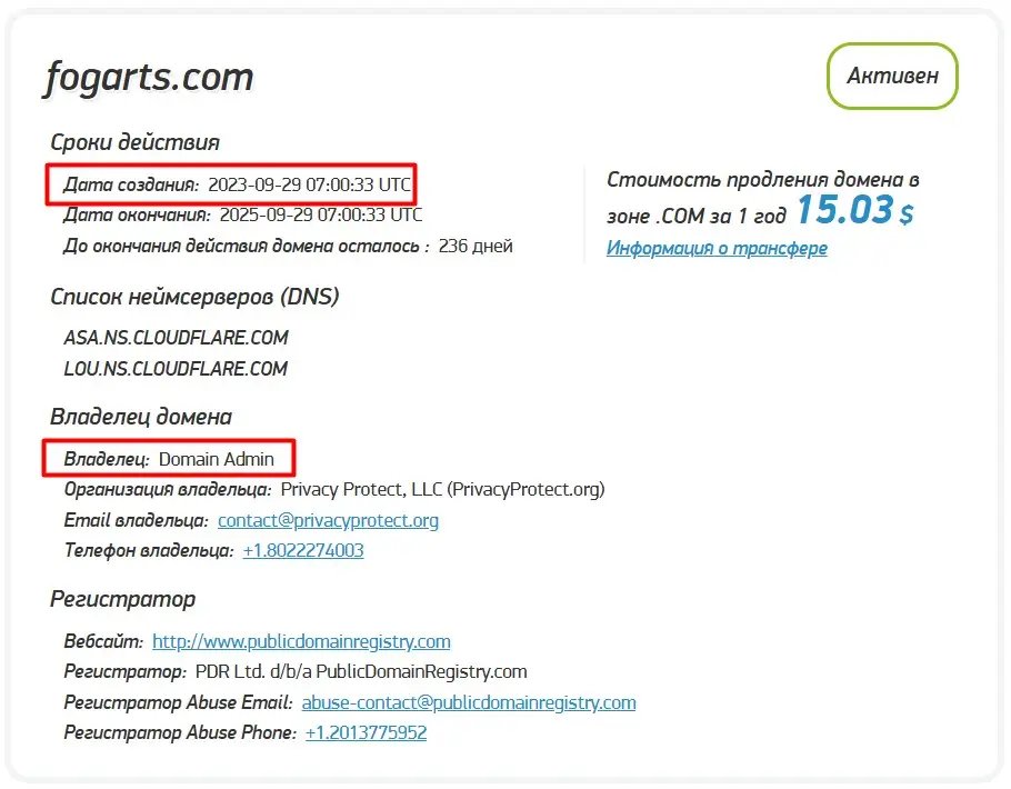 Анализ домена fogarts.com