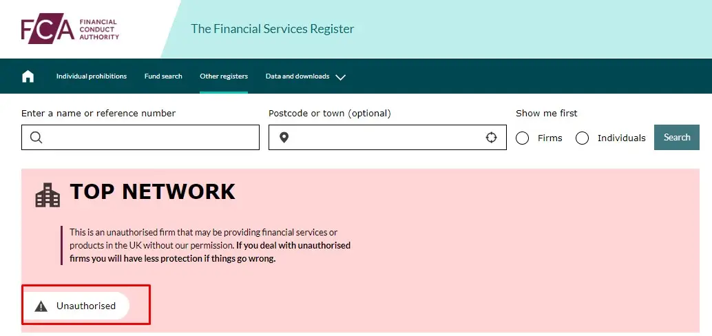 Проверка Top Network в реестрах FCA Проверка Top Network в реестрах FCA