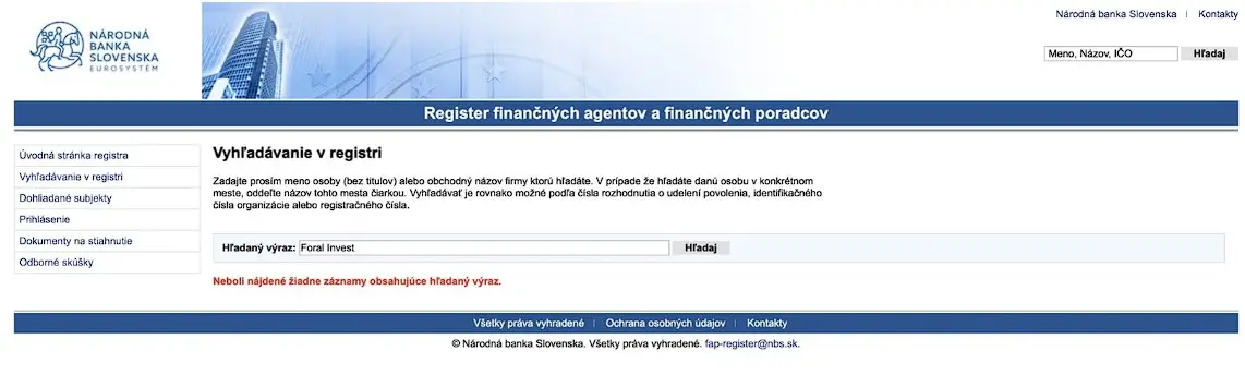 Проверка в реестрах надзорного органа Словакии Foral Invest