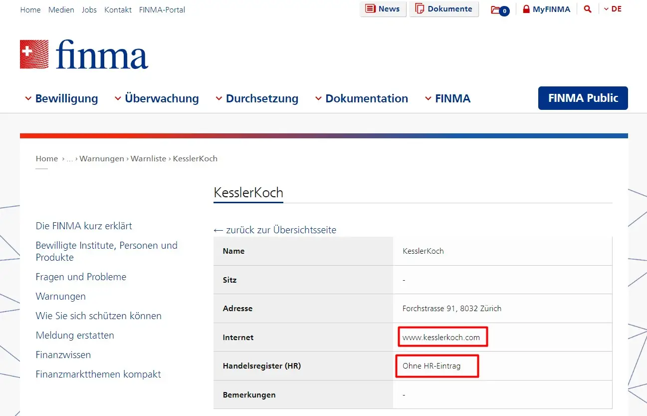 Проверка KesslerKoch в реестрах FINMA