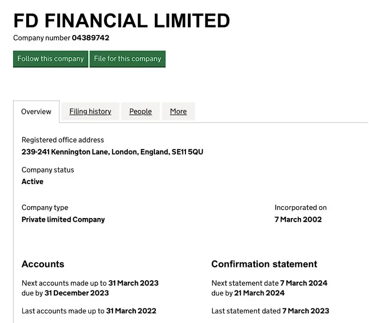 Проверка FD Financial в реестрах Companies House