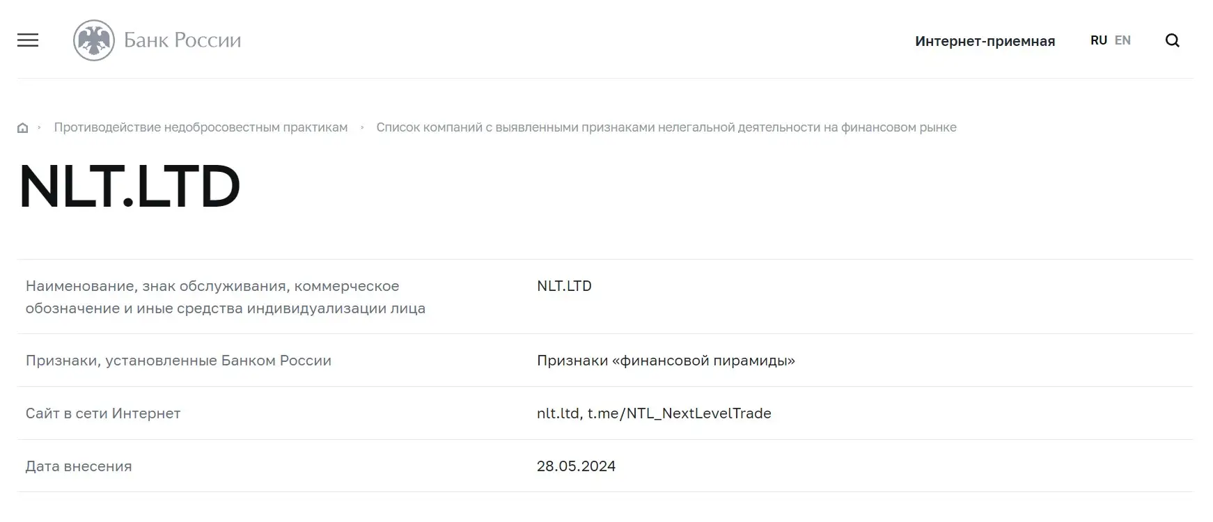 Проверка Next Level Trade в реестрах Центробанка