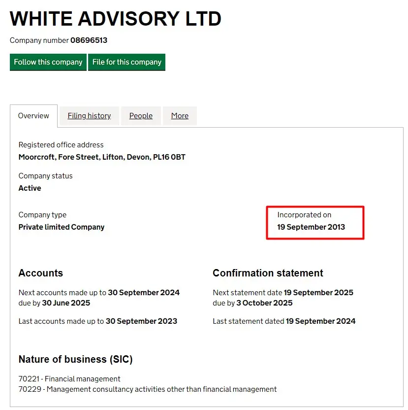 Проверка White Advisory  в реестрах Companies House Проверка White Advisory  в реестрах Companies House