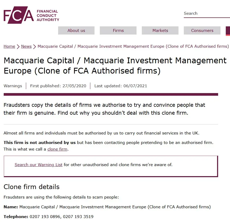 Проверка Macquarie Capital в реестрах FCA