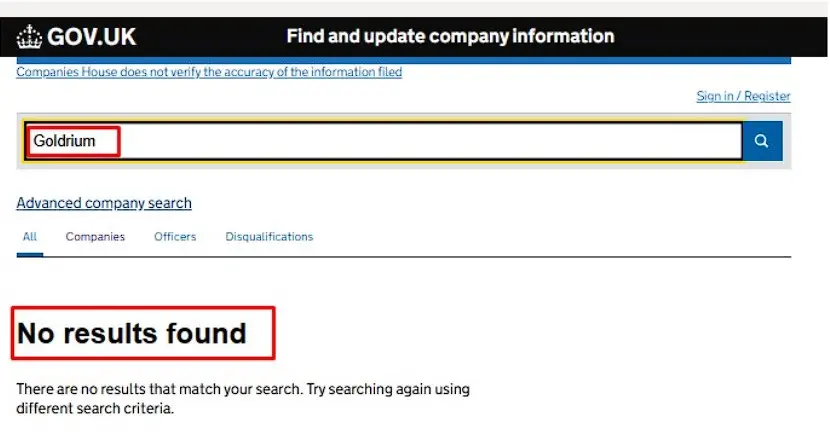 Проверка Goldrium в реестрах Companies House