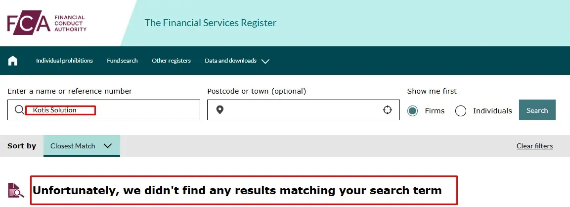 Проверка Kotis Solution в реестрах FCA