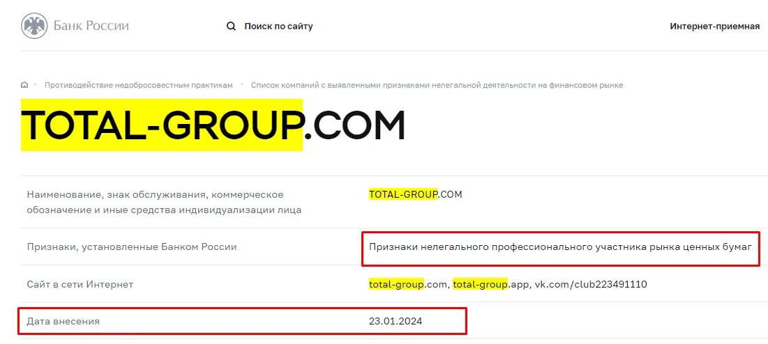 Проверка лицензии Total Group в реестрах Центрального Банка